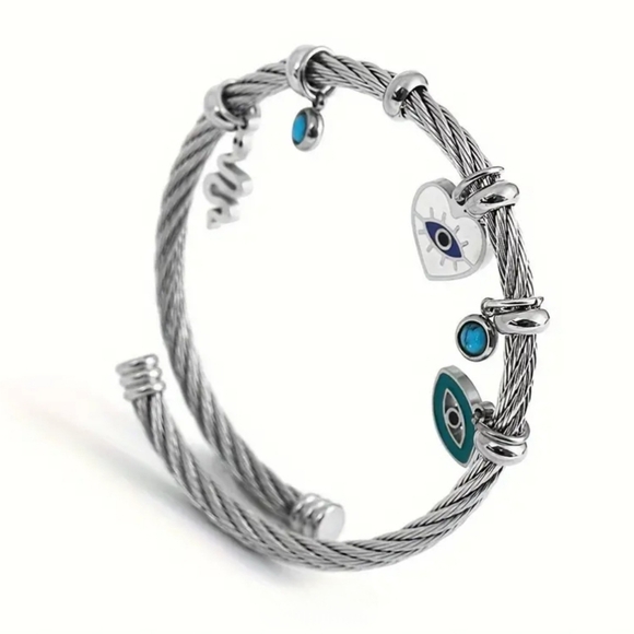 Silver Boho Evil Eye Open Cuff Charm Bracelet - Picture 2 of 3